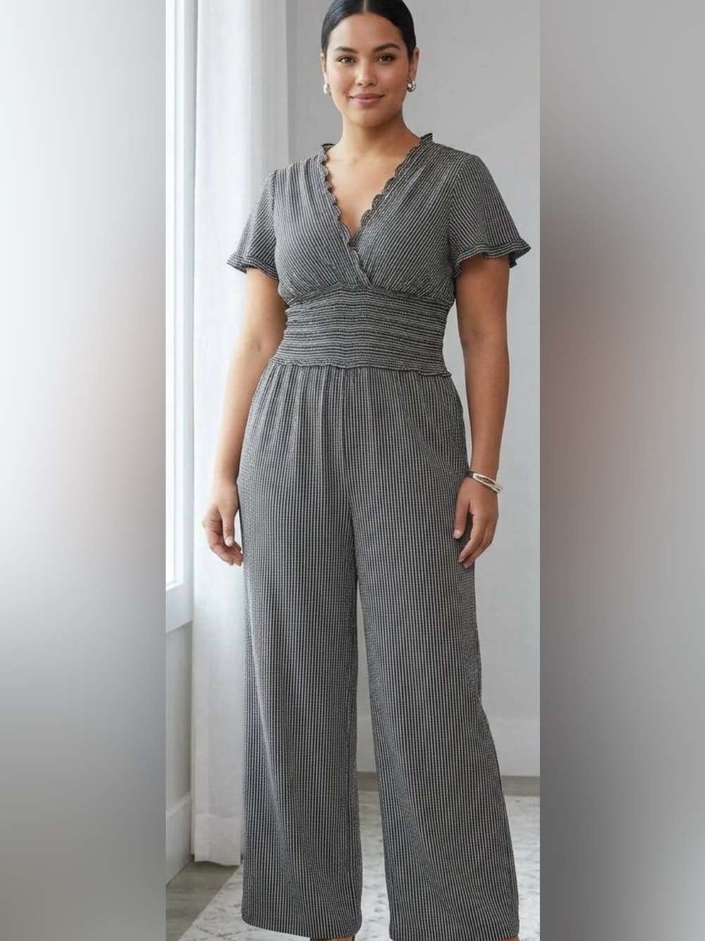 Max Studio Gray Pinstripe Smocked-Waist Wide-Leg Jumpsuit